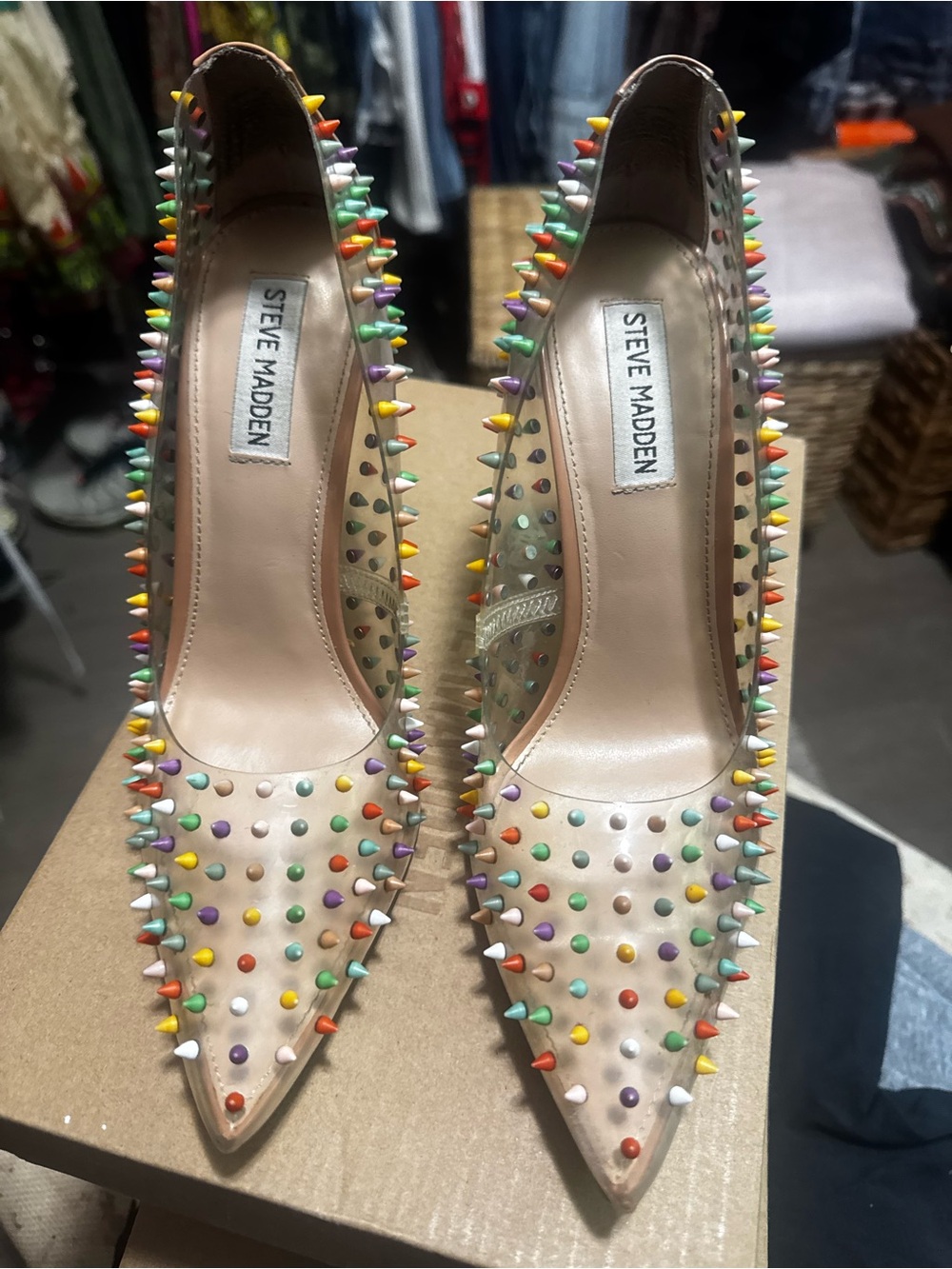 Steve Madden Nude Pointed Toe Pumps with Rainbow Spike Studs